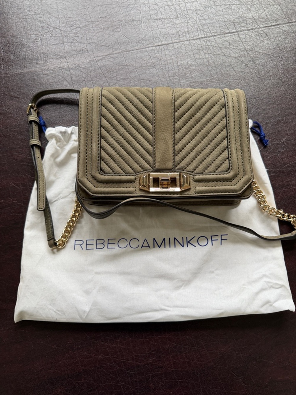 Rebecca Minkoff Olive Green Chevron Quilted Crossbody with Gold Hardware